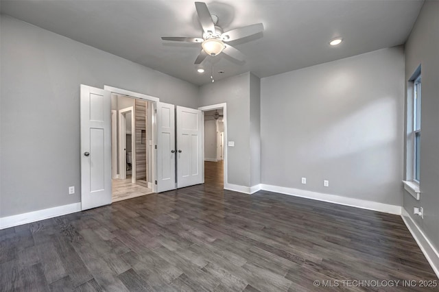 1341 Alvera Ln, Wynnewood, OK 73098 - unfurnished bedroom with dark wood finished floors, recessed lighting, and a ceiling fan