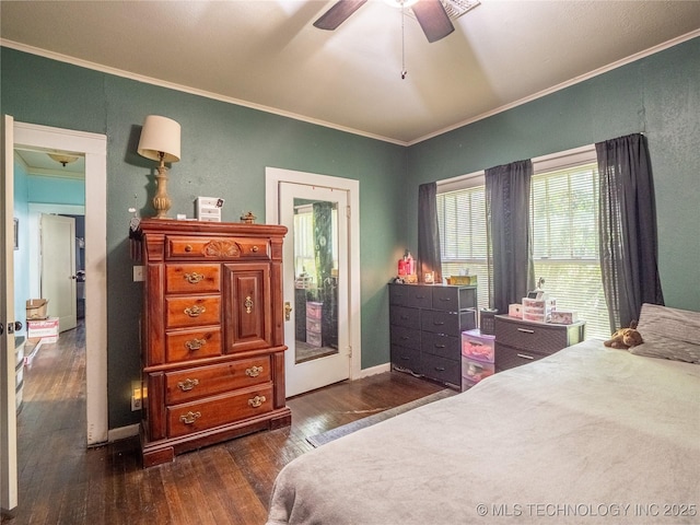 621 E Seminole Ave, Mcalester, OK 74501 - bedroom featuring crown molding, dark wood-type flooring, access to outside, and ceiling fan