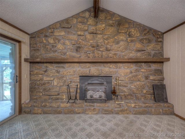 28265 Forest Ridge Rd, Sand Springs, OK 74063 - detailed view of carpet flooring, a textured ceiling, and a stone fireplace