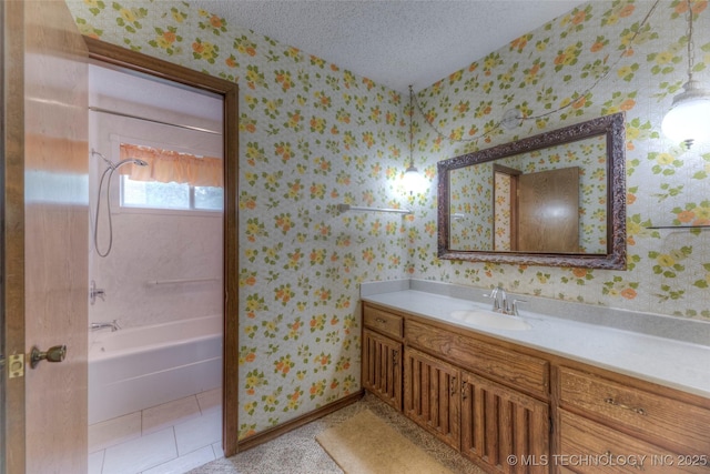 28265 Forest Ridge Rd, Sand Springs, OK 74063 - full bathroom featuring vanity, wallpapered walls, shower / bath combination, and a textured ceiling