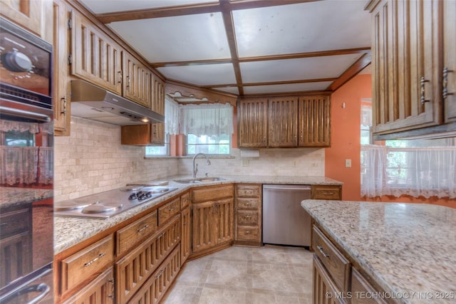 28265 Forest Ridge Rd, Sand Springs, OK 74063 - kitchen featuring appliances with stainless steel finishes, under cabinet range hood, tasteful backsplash, light stone countertops, and brown cabinets