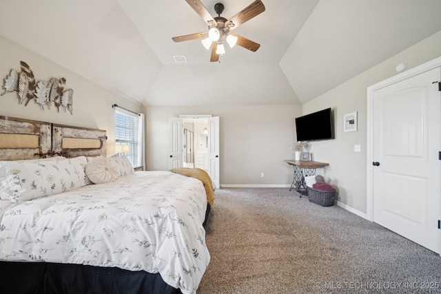 5814 130th W Ave, Sand Springs, OK 74063 - bedroom featuring vaulted ceiling, carpet, ceiling fan, and ensuite bath