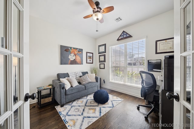 5814 130th W Ave, Sand Springs, OK 74063 - home office featuring french doors, dark wood-style flooring, and a ceiling fan