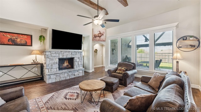 14934 S Sequoia St, Glenpool, OK 74033 - living room with a fireplace, ceiling fan, wood finished floors, and arched walkways