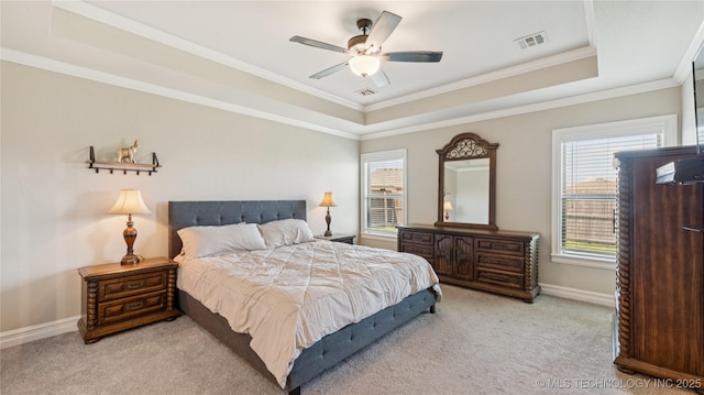 14934 S Sequoia St, Glenpool, OK 74033 - bedroom with carpet floors, a raised ceiling, crown molding, and a ceiling fan