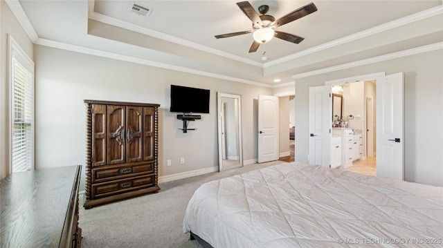 14934 S Sequoia St, Glenpool, OK 74033 - carpeted bedroom featuring ornamental molding, a raised ceiling, and a ceiling fan