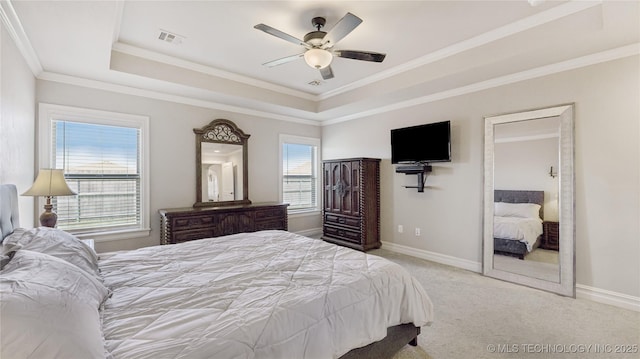14934 S Sequoia St, Glenpool, OK 74033 - carpeted bedroom with a raised ceiling, crown molding, and ceiling fan