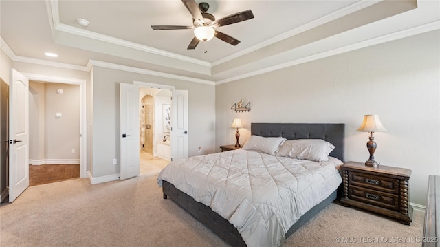 14934 S Sequoia St, Glenpool, OK 74033 - bedroom with carpet flooring, a tray ceiling, crown molding, ensuite bath, and ceiling fan