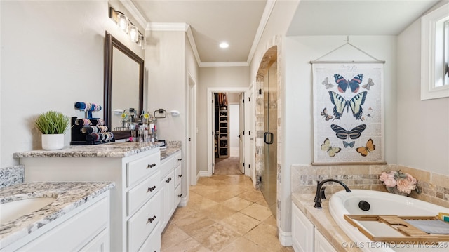 14934 S Sequoia St, Glenpool, OK 74033 - bathroom featuring vanity, a stall shower, crown molding, and a bath