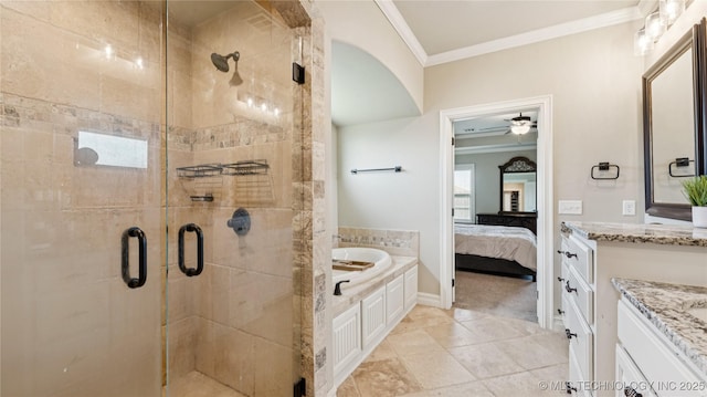 14934 S Sequoia St, Glenpool, OK 74033 - bathroom featuring crown molding, a bath, a shower stall, ensuite bath, and vanity