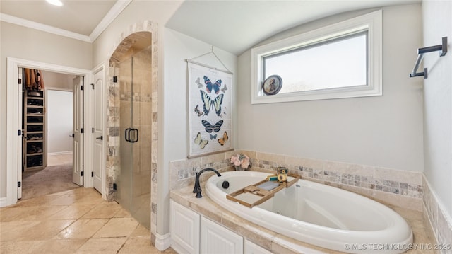 14934 S Sequoia St, Glenpool, OK 74033 - bathroom with a tub with jets, a shower stall, crown molding, and a walk in closet