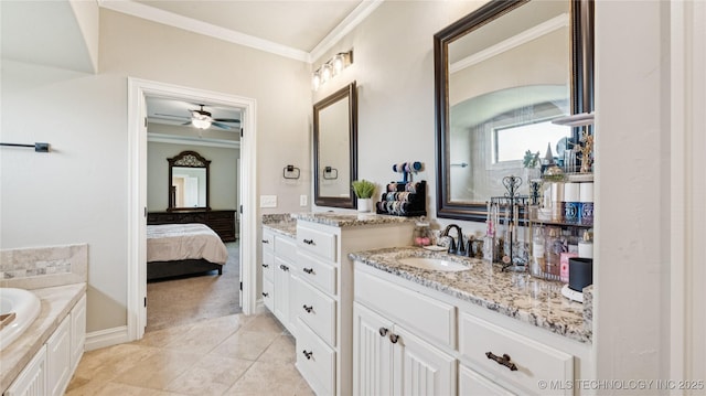 14934 S Sequoia St, Glenpool, OK 74033 - full bath featuring ornamental molding, vanity, ceiling fan, a bath, and tile patterned floors