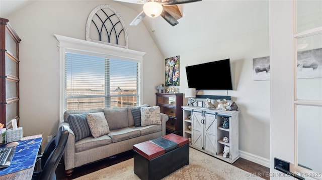 14934 S Sequoia St, Glenpool, OK 74033 - living room featuring ceiling fan and high vaulted ceiling
