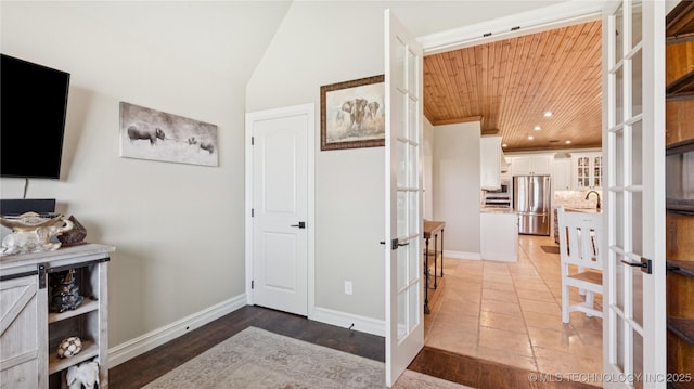 14934 S Sequoia St, Glenpool, OK 74033 - foyer entrance featuring french doors, recessed lighting, and wood ceiling