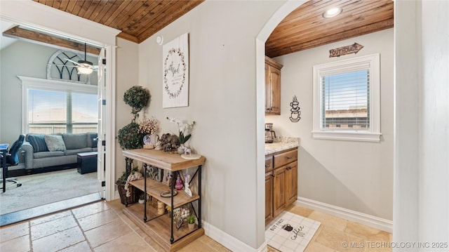 14934 S Sequoia St, Glenpool, OK 74033 - corridor featuring wooden ceiling, arched walkways, and recessed lighting