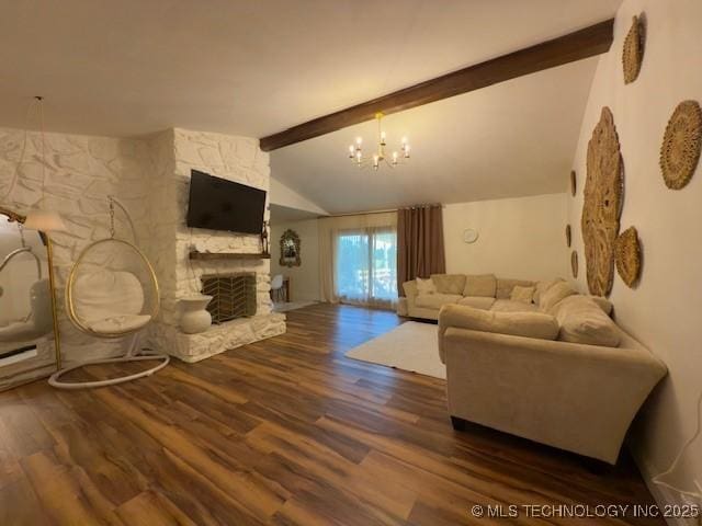 104 E 58th St, Tulsa, OK 74105 - living room with a chandelier, wood finished floors, and a fireplace