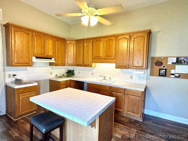 349 S Foreman St, Vinita, OK 74301 - kitchen featuring tile countertops, dark wood-style flooring, under cabinet range hood, and tasteful backsplash
