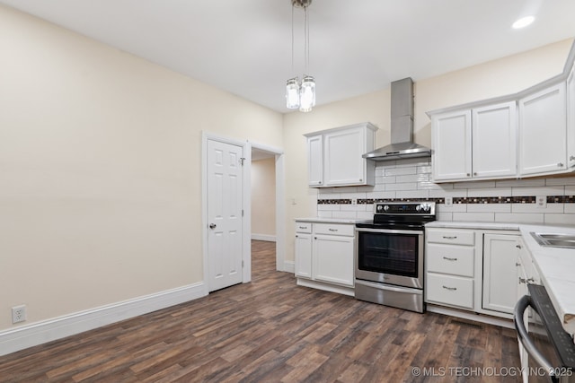 224 E Oklahoma St, Tulsa, OK 74106 - kitchen featuring stainless steel range with electric stovetop, wall chimney range hood, dishwashing machine, backsplash, and light countertops