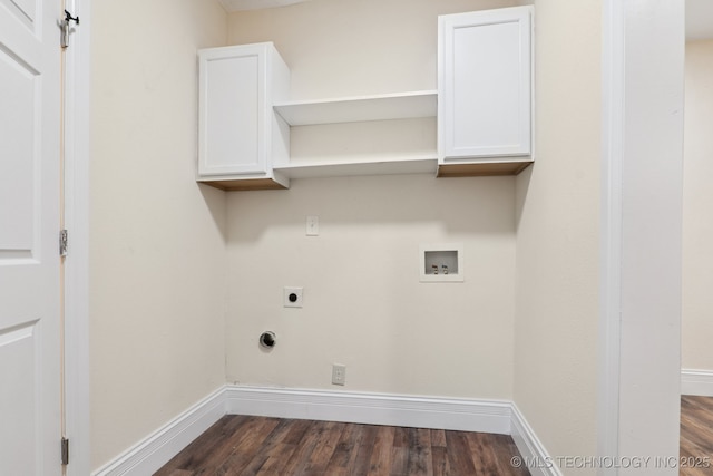 224 E Oklahoma St, Tulsa, OK 74106 - washroom with hookup for an electric dryer, washer hookup, dark wood-style flooring, and cabinet space