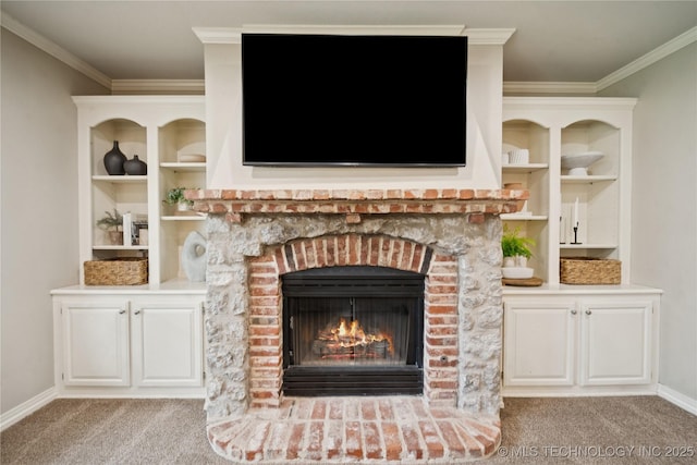 5117 E 92nd St, Tulsa, OK 74137 - detailed view of a brick fireplace, crown molding, and carpet floors