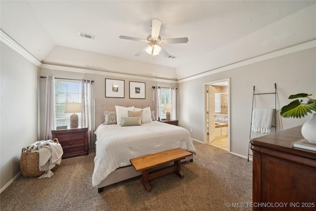 5117 E 92nd St, Tulsa, OK 74137 - bedroom with carpet floors, connected bathroom, ceiling fan, and crown molding