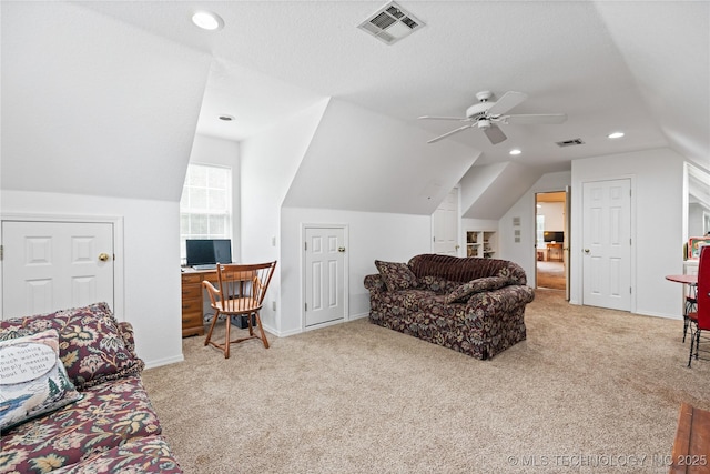 501 W 35th Pl, Sand Springs, OK 74063 - living room featuring vaulted ceiling, carpet flooring, an office area, a ceiling fan, and recessed lighting