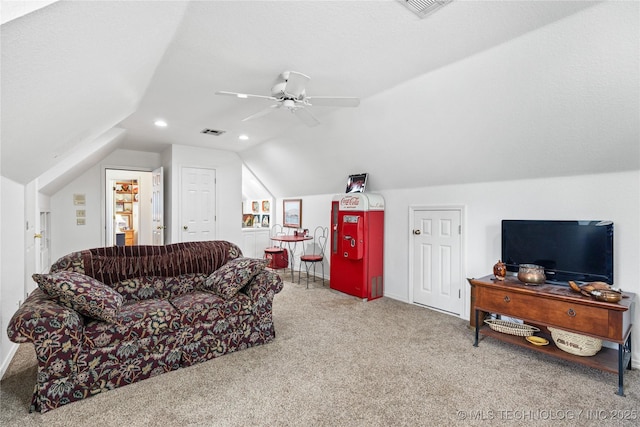 501 W 35th Pl, Sand Springs, OK 74063 - living room with carpet, lofted ceiling, and ceiling fan