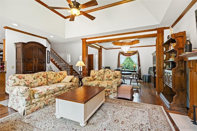 501 W 35th Pl, Sand Springs, OK 74063 - living area with a ceiling fan, wood finished floors, crown molding, and recessed lighting