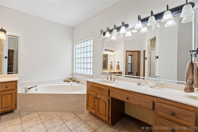 501 W 35th Pl, Sand Springs, OK 74063 - full bath with tile patterned floors, a bath, vanity, and a shower stall