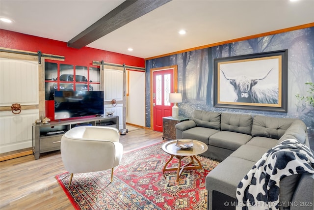 62141 E 313th Rd Unit 3, Grove, OK 74344 - living room featuring a barn door, light wood-type flooring, beam ceiling, and recessed lighting