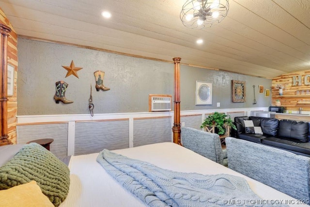 62141 E 313th Rd Unit 3, Grove, OK 74344 - bedroom with wainscoting, an AC wall unit, recessed lighting, and wood ceiling