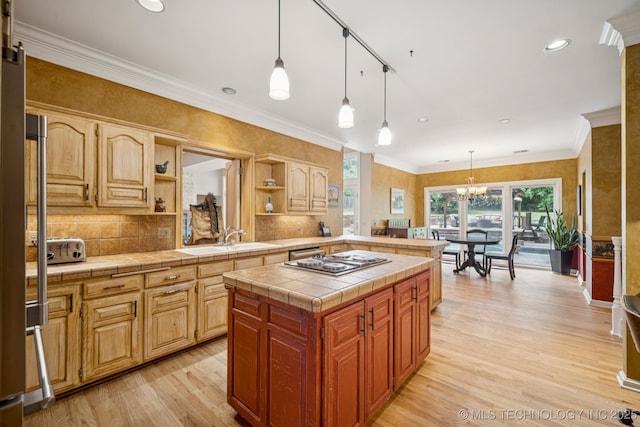 3431 E 96th Pl, Tulsa, OK 74137 - kitchen with open shelves, light wood finished floors, a chandelier, tasteful backsplash, and recessed lighting