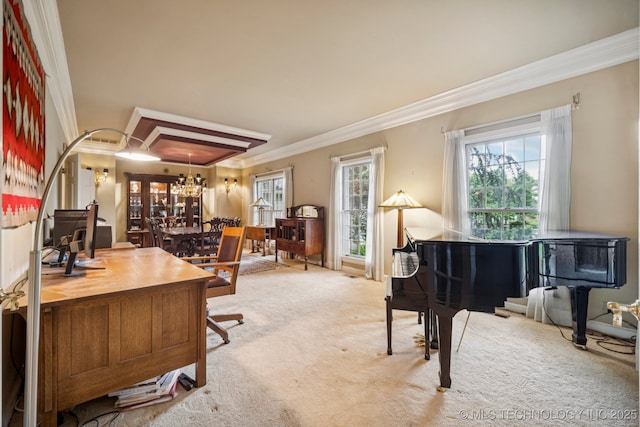 3431 E 96th Pl, Tulsa, OK 74137 - carpeted home office with ornamental molding and a chandelier