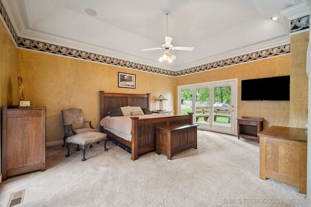 3431 E 96th Pl, Tulsa, OK 74137 - bedroom featuring a tray ceiling, carpet floors, access to outside, ornamental molding, and a ceiling fan
