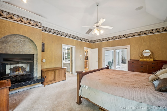 3431 E 96th Pl, Tulsa, OK 74137 - bedroom featuring carpet, crown molding, access to outside, ceiling fan, and a tiled fireplace