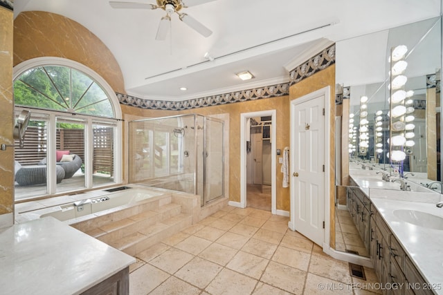 3431 E 96th Pl, Tulsa, OK 74137 - full bath with double vanity, a bath, a stall shower, ceiling fan, and ornamental molding