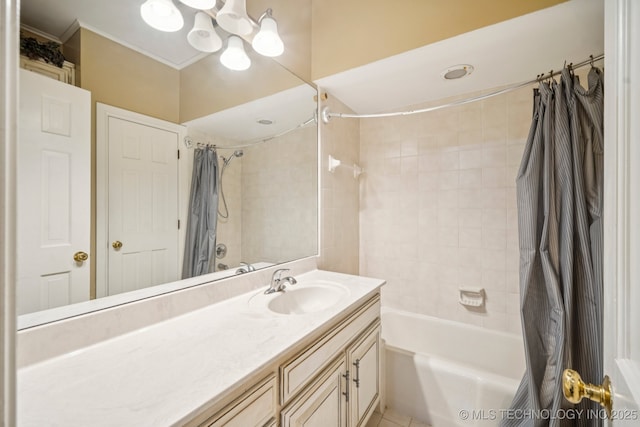 3431 E 96th Pl, Tulsa, OK 74137 - bathroom featuring shower / bathtub combination with curtain, vanity, and a chandelier