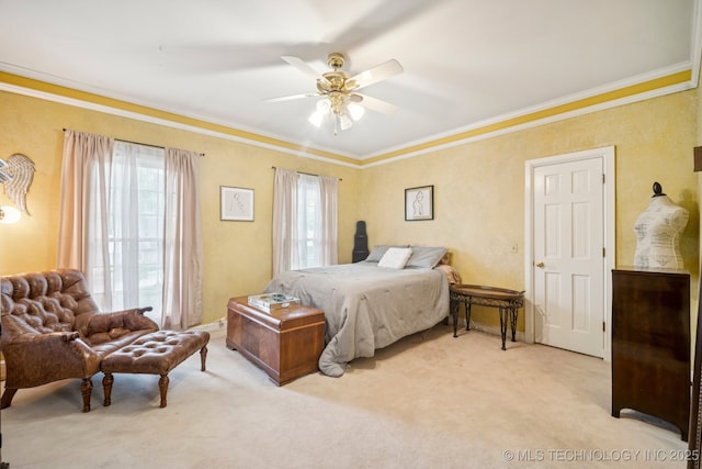 3431 E 96th Pl, Tulsa, OK 74137 - bedroom featuring multiple windows, ornamental molding, light colored carpet, and ceiling fan