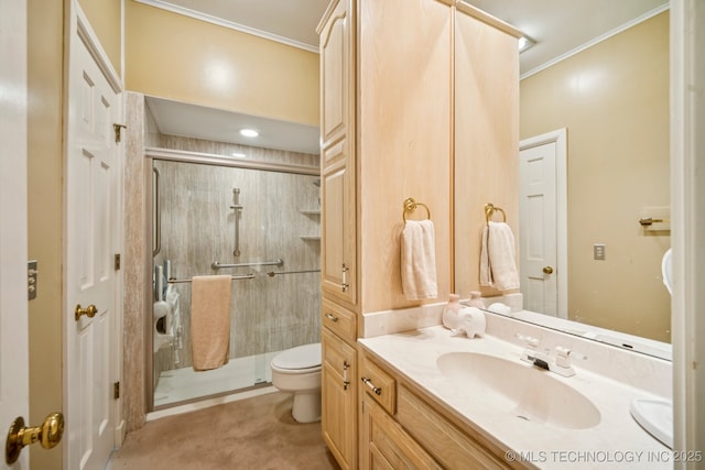 3431 E 96th Pl, Tulsa, OK 74137 - full bathroom featuring ornamental molding, a shower stall, and vanity