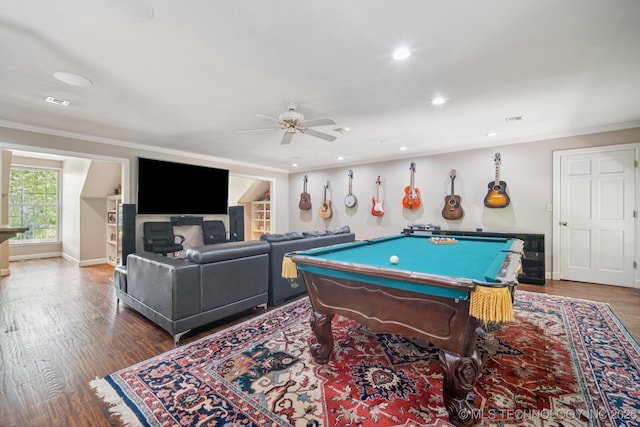 3431 E 96th Pl, Tulsa, OK 74137 - rec room featuring ornamental molding, a ceiling fan, pool table, wood finished floors, and recessed lighting