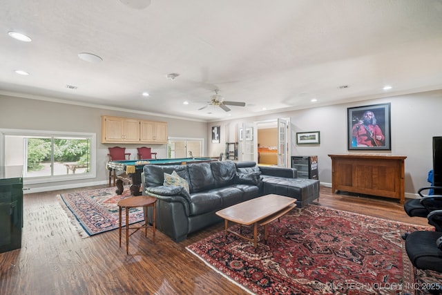 3431 E 96th Pl, Tulsa, OK 74137 - living room with billiards table, wood finished floors, crown molding, recessed lighting, and a ceiling fan