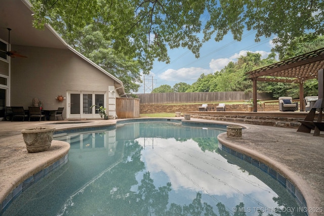 3431 E 96th Pl, Tulsa, OK 74137 - view of swimming pool with a pergola, a fenced backyard, french doors, and a patio