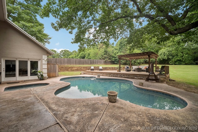 3431 E 96th Pl, Tulsa, OK 74137 - view of pool with a pergola, an outdoor living space, an in-ground hot tub, and a patio area