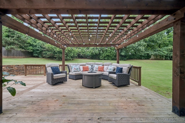 3431 E 96th Pl, Tulsa, OK 74137 - wooden deck with outdoor lounge area and a pergola
