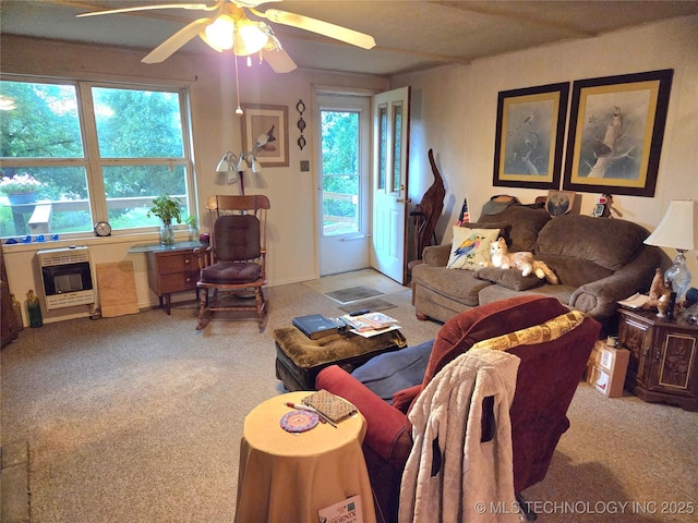 92133 S 4676th Rd, Bunch, OK 74931 - living room with carpet floors, heating unit, and a ceiling fan