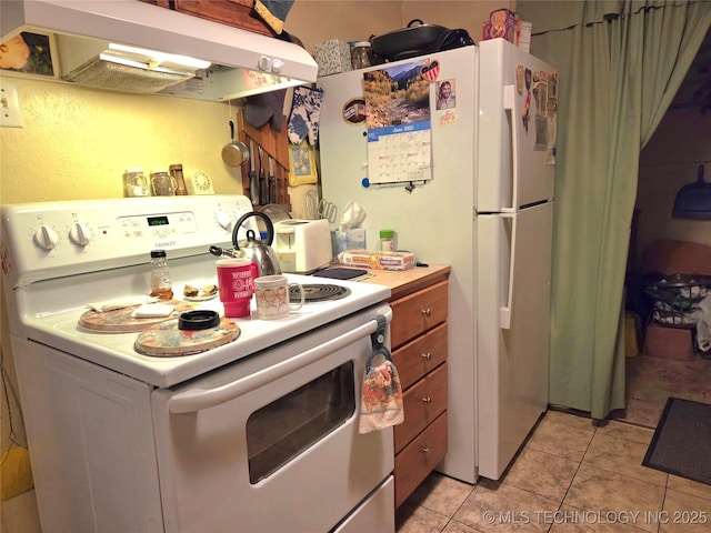92133 S 4676th Rd, Bunch, OK 74931 - kitchen featuring electric stove, under cabinet range hood, light tile patterned flooring, brown cabinets, and light countertops