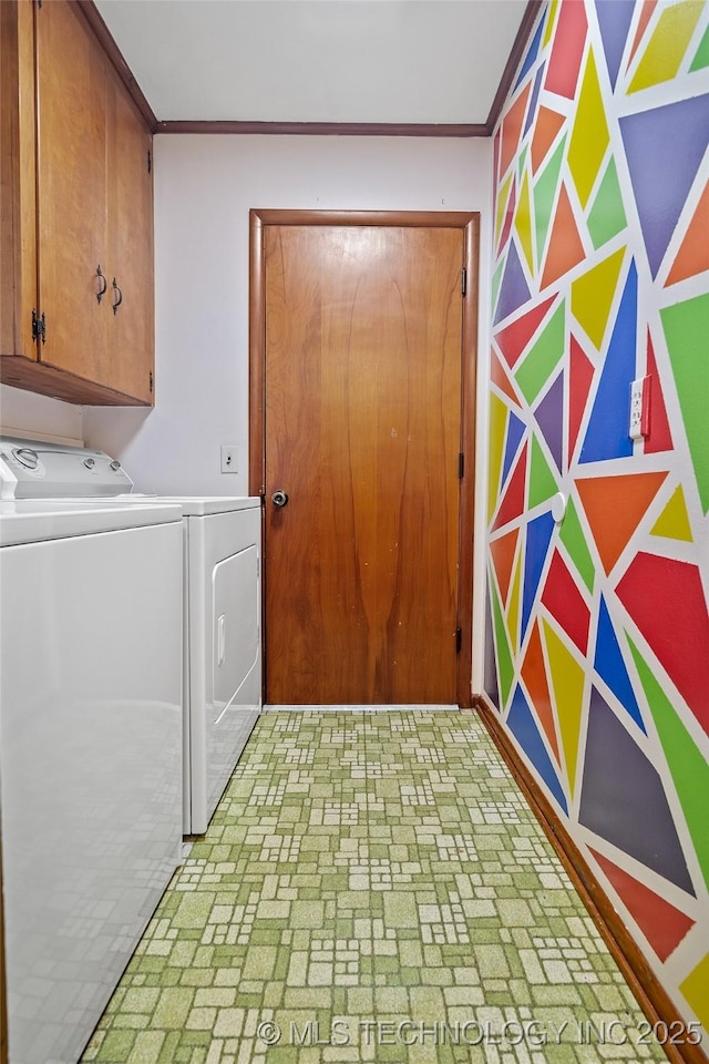 5225 S Toledo Ave, Tulsa, OK 74135 - laundry room with cabinet space, brick patterned floors, washing machine and dryer, and crown molding