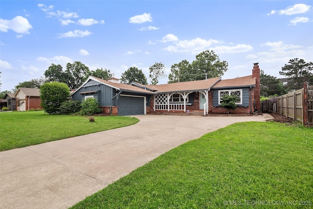 5225 S Toledo Ave, Tulsa, OK 74135 - ranch-style home with brick siding, a chimney, an attached garage, driveway, and board and batten siding