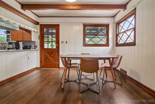 5225 S Toledo Ave, Tulsa, OK 74135 - dining space with dark wood finished floors, plenty of natural light, beam ceiling, and wooden walls
