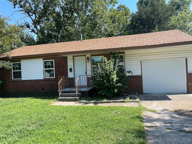 334 W 47th St N, Tulsa, OK 74126 - ranch-style house featuring an attached garage, brick siding, a front lawn, concrete driveway, and crawl space
